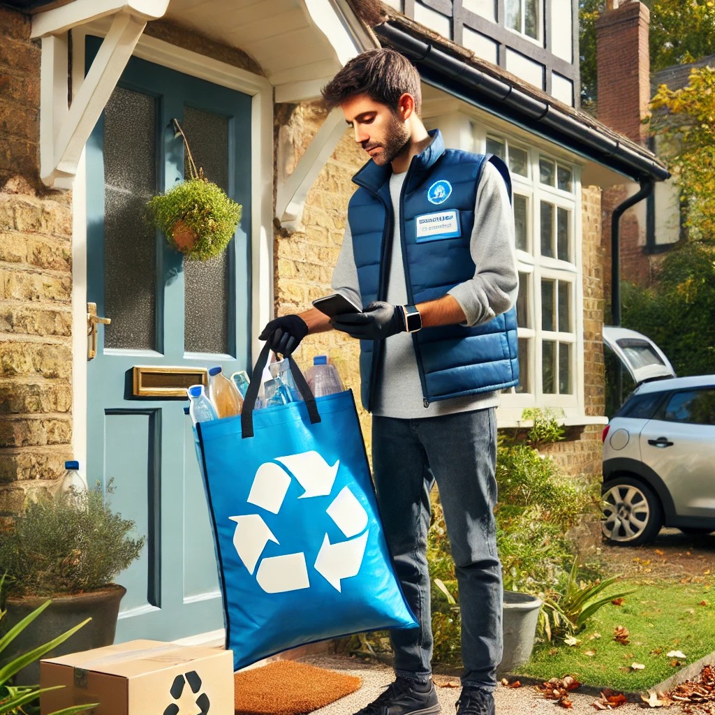 Driver picking up labeled recycling bags at a doorstep